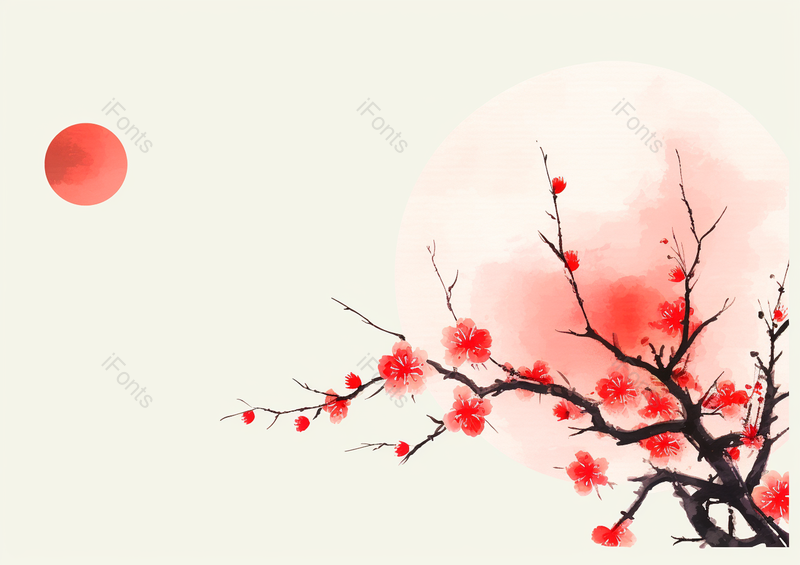 阳光下一直红梅盛开水墨风景画,高清,摄影图,摄影图片,图片大全,摄影图免费下载